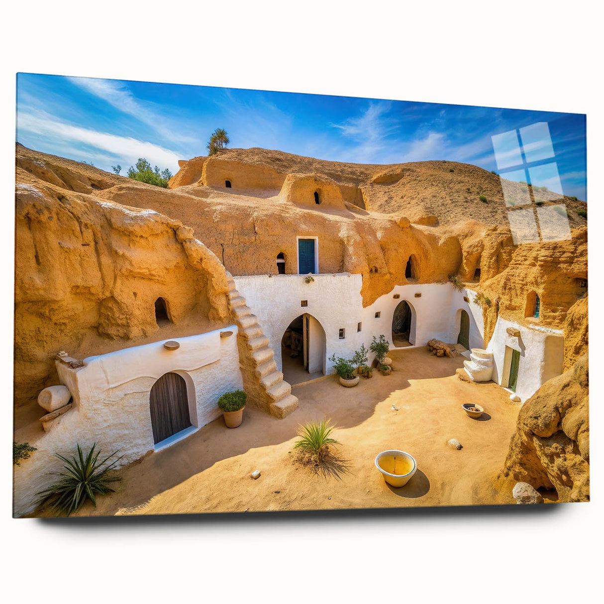 Large abstract wall art depicting a Tunisian landscape in earth tones on acrylic glass.