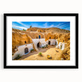 Abstract art print depicting a colorful Tunisian landscape on a large textured canvas, ideal for living room decor.