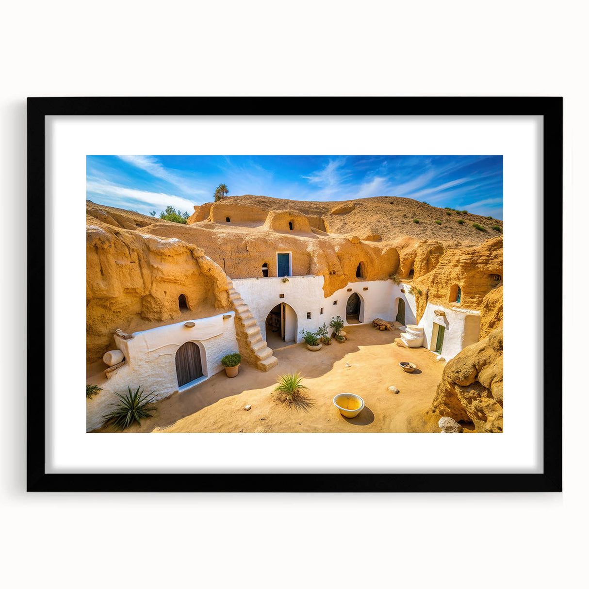 Abstract art print depicting a colorful Tunisian landscape on a large textured canvas, ideal for living room decor.