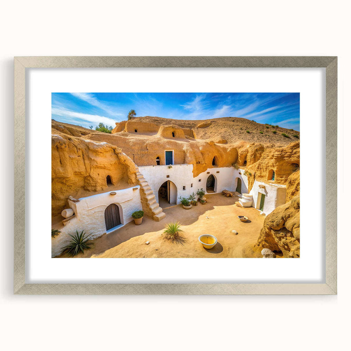 Textured abstract art print depicting a Tunisian scenery in earthy tones, framed in silver, suitable for bedroom decor.