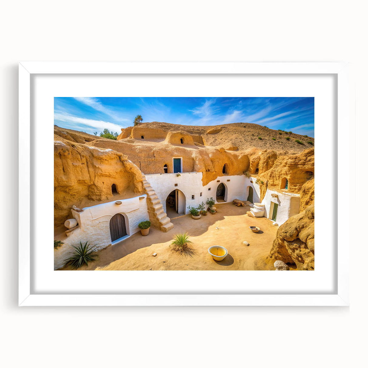 Abstract art print of a Tunisian landscape in muted earth tones on a white-framed canvas.