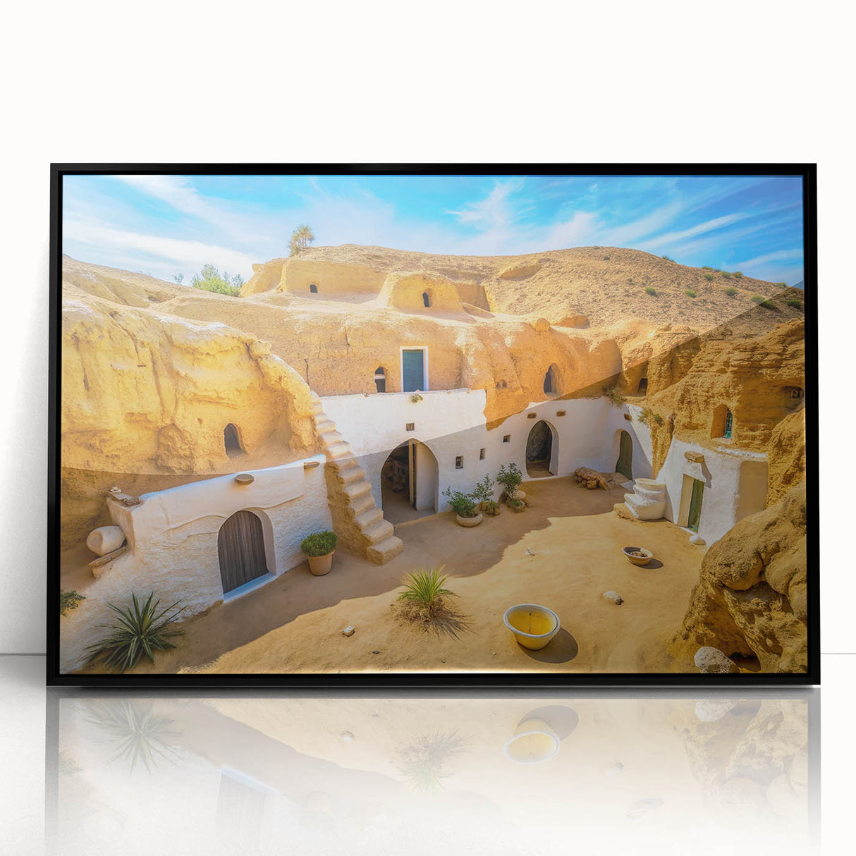 Large abstract wall art depicting a Tunisian landscape in muted earth tones on a framed acrylic.