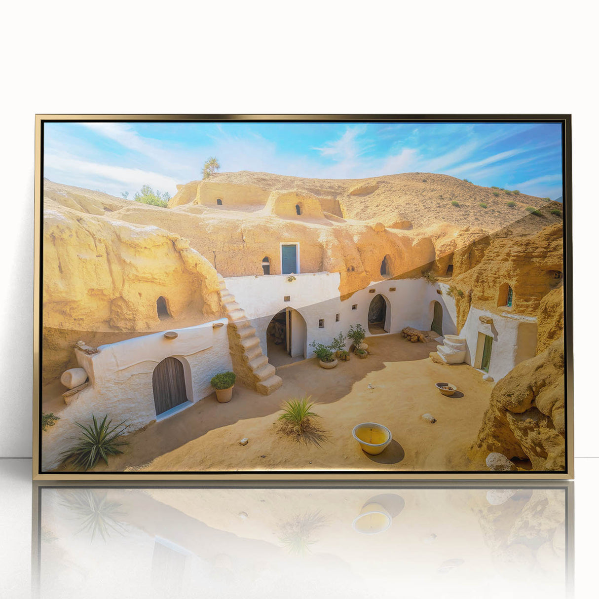 Framed acrylic print of a Tunisian landscape in gold tones, ideal for modern art wall decor.