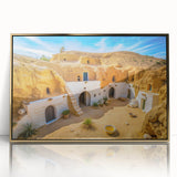 Framed acrylic print of a Tunisian landscape in gold tones, ideal for modern art wall decor.