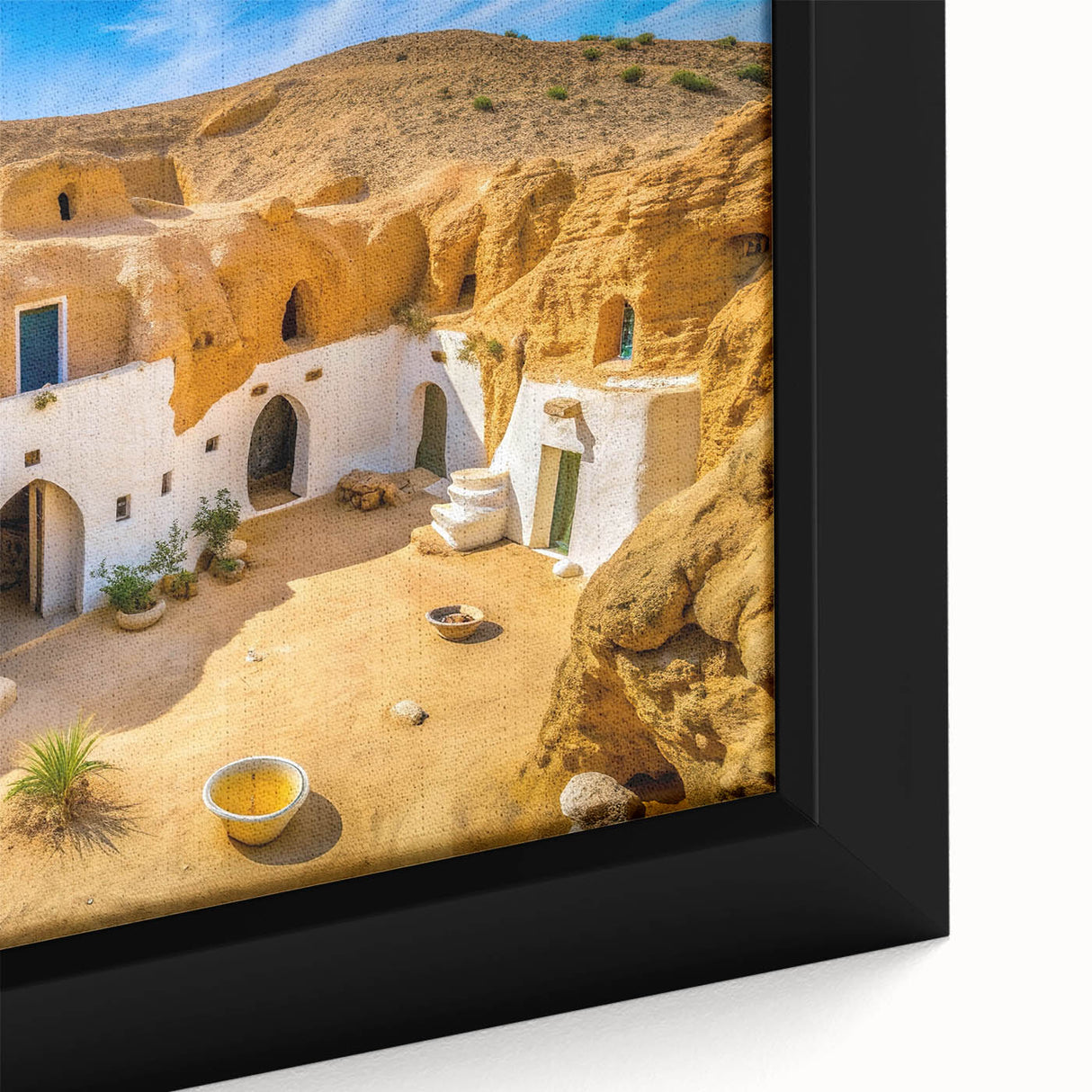 Extra large framed canvas of a textured African scenery in black with vibrant colorful accents, ideal for living room decor.