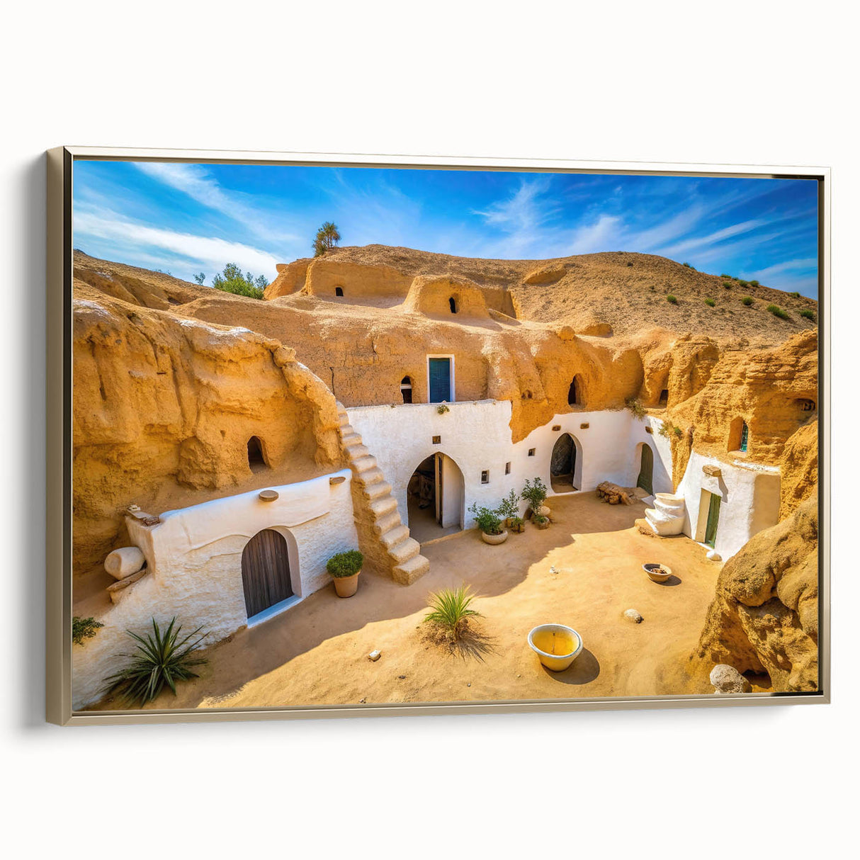 Framed canvas wall art depicting a vintage-style Tunisian landscape in gold and black tones, ideal for bedroom ambiance.
