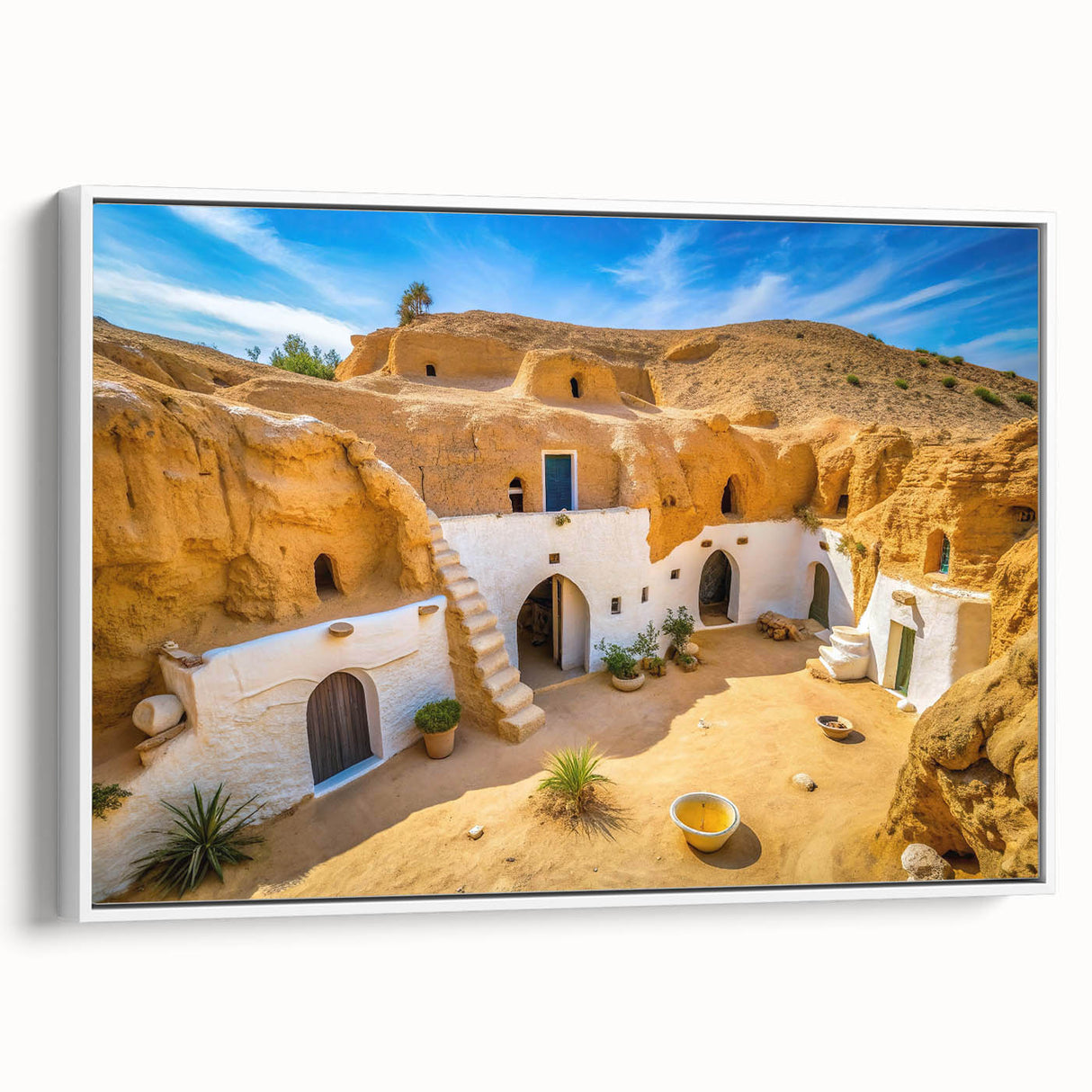 Vintage poster art of a Tunisian landscape on framed canvas, featuring vibrant colors, ideal for living room decor.