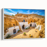 Vintage poster art of a Tunisian landscape on framed canvas, featuring vibrant colors, ideal for living room decor.