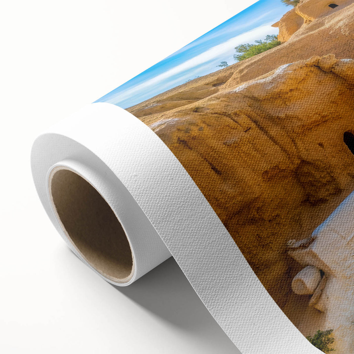 Art Deco-style poster of a Tunisian landscape on rolled canvas, featuring earth tones, ideal for nursery wall art.