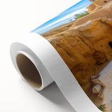 Art Deco-style poster of a Tunisian landscape on rolled canvas, featuring earth tones, ideal for nursery wall art.
