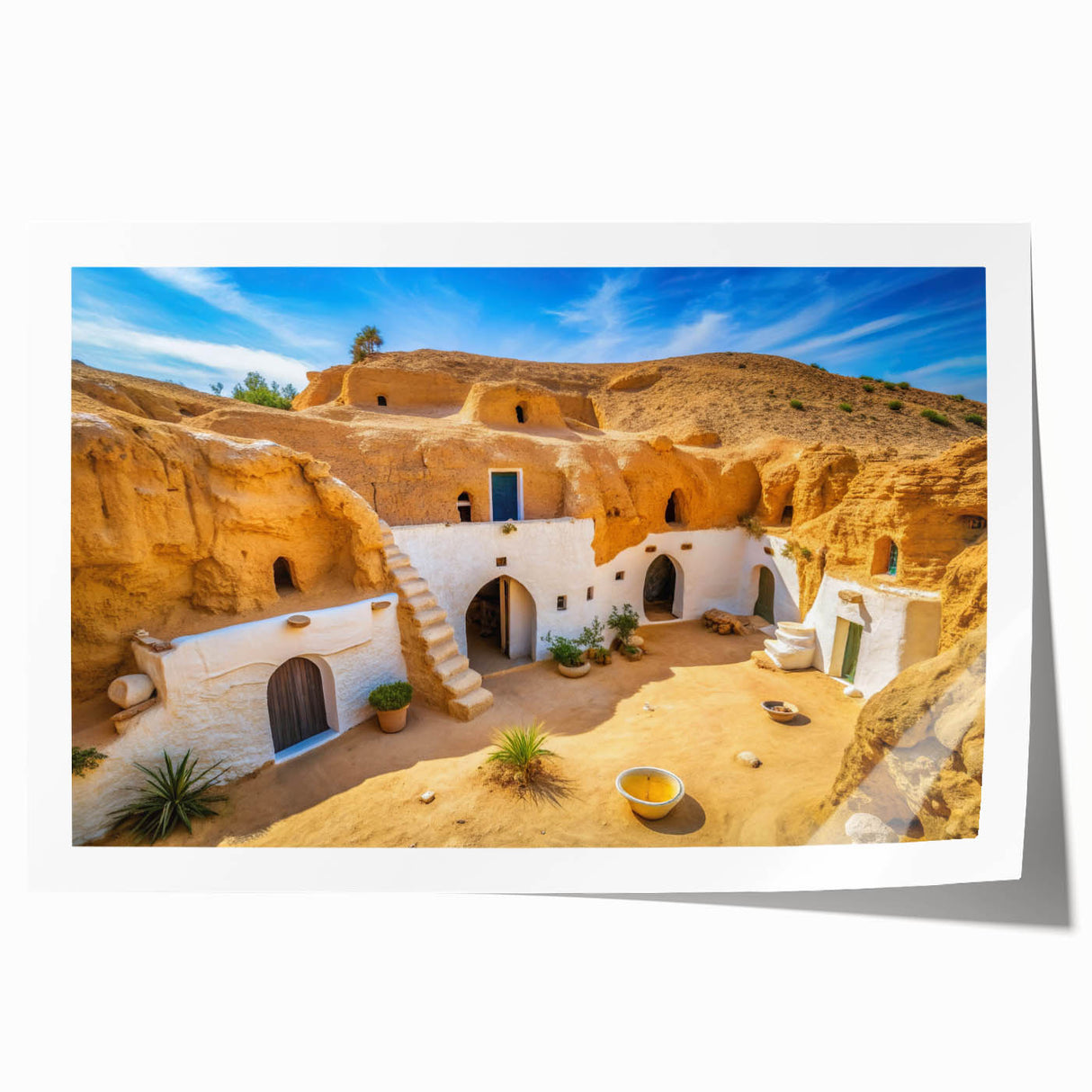 Extra large rolled print of a Tunisian landscape with vibrant floral elements, ideal for art wall dining room.