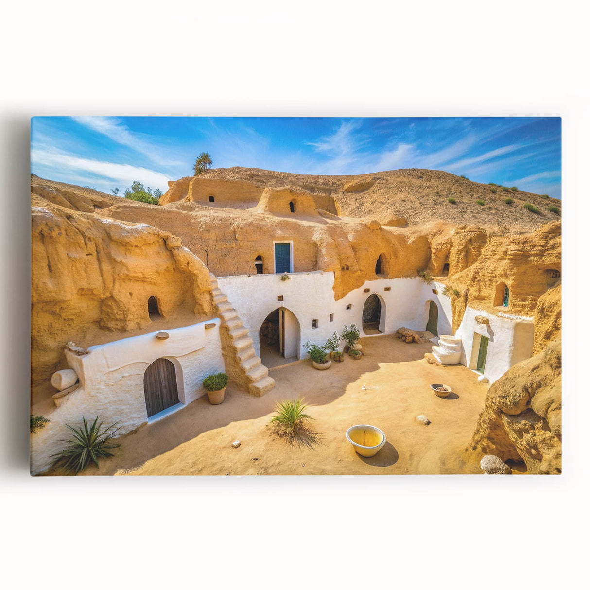Black and white stretched canvas of Tunisian landscape, ideal for kitchen wall art.