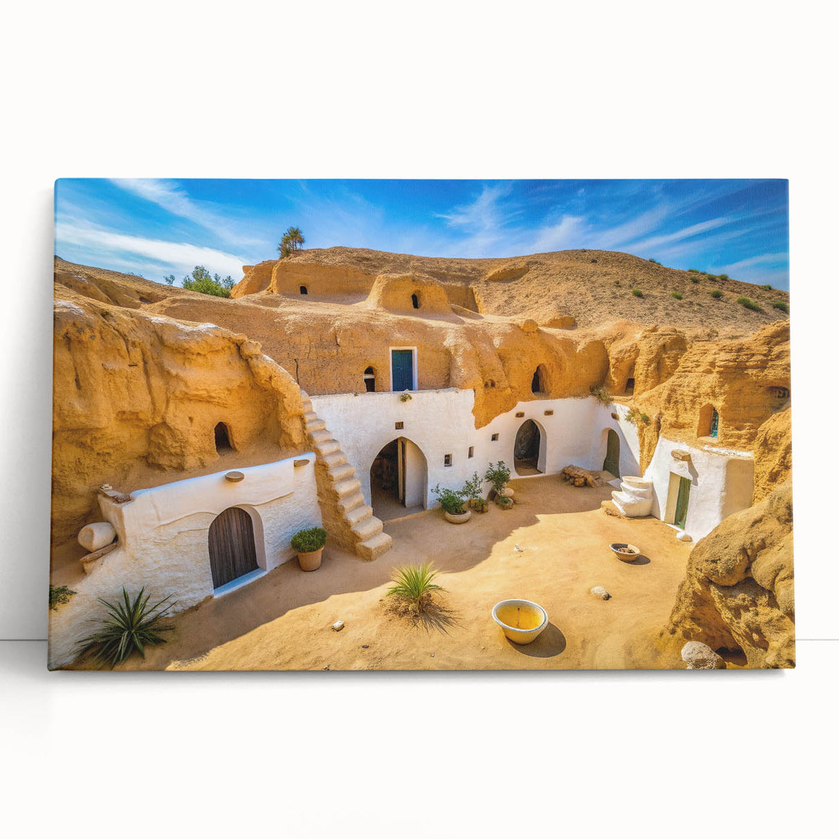 Large black and white stretched canvas depicting a Tunisian landscape, ideal for kitchen wall art or bedroom decor.