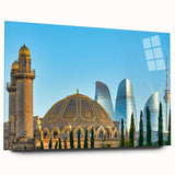 Large abstract wall art on acrylic glass featuring swirling blue and gray tones, ideal for bedroom or dining room decor.