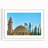 Abstract art print of a vibrant, multicolored Asian landscape on a white-framed canvas, ideal for dining room decor.