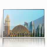 Art deco poster of Asian scenery in Azerbaijan, displayed in a white acrylic frame, ideal for modern nursery wall art.