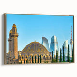 Framed canvas depicting a vintage-style landscape painting of Azerbaijan scenery in black and gold tones.