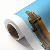 Art deco style poster of an Asian landscape on rolled canvas, with muted earth tones.