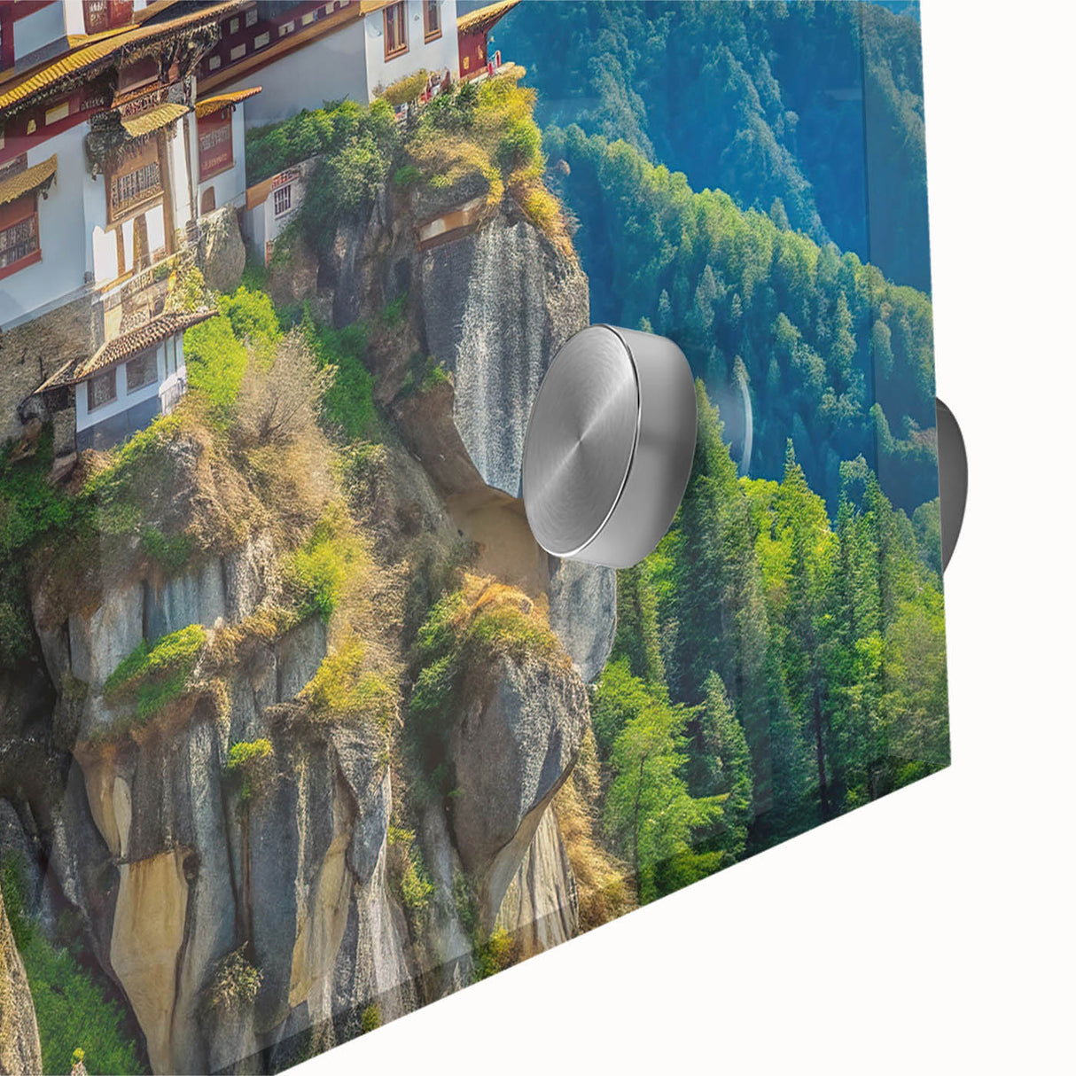 Large abstract wall art of a Bhutanese landscape in muted earth tones on acrylic glass, ideal for dining room art.