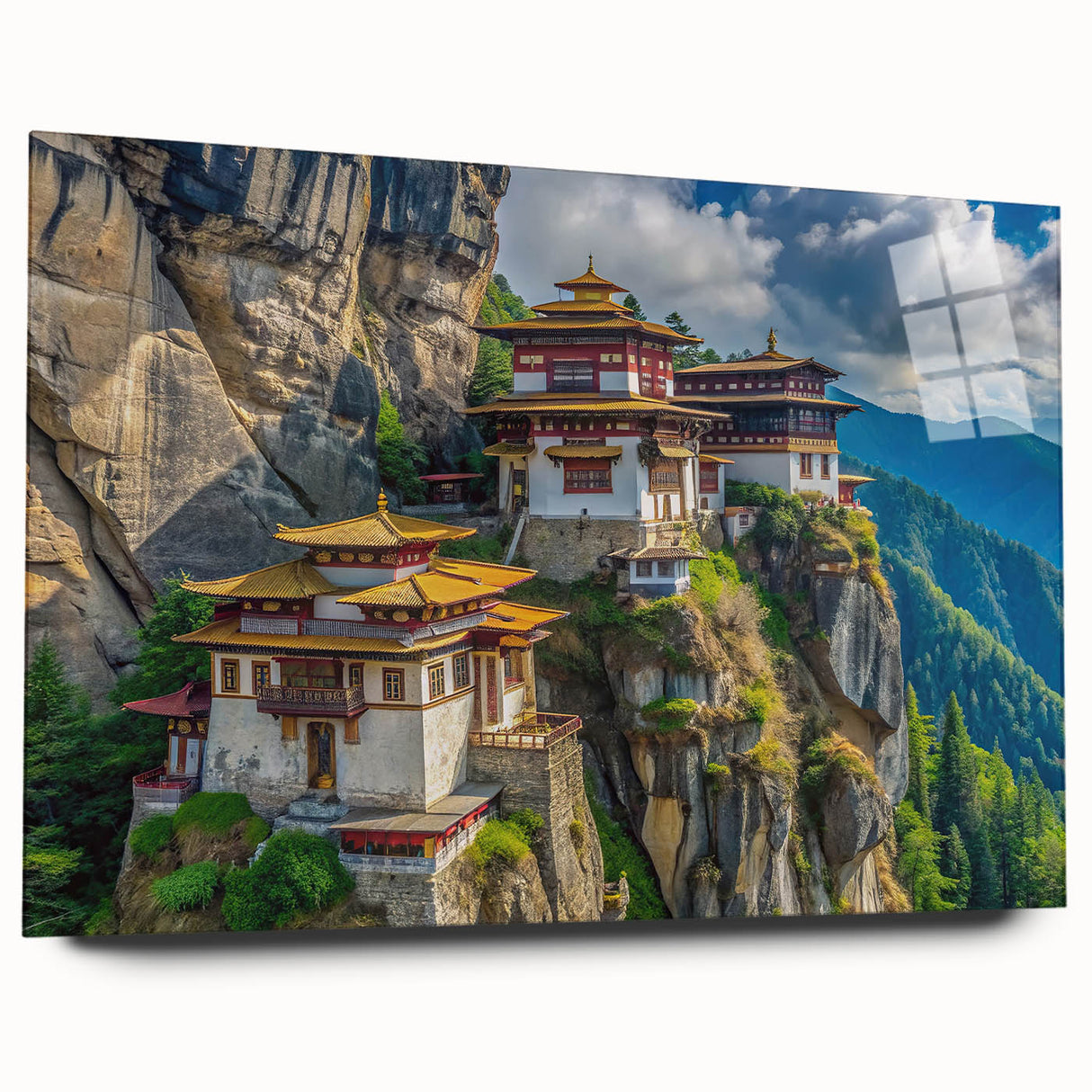 Large abstract wall art of Bhutan scenery in vibrant colors on acrylic glass, ideal for bedroom or dining room decor.