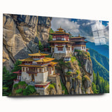 Large abstract wall art of Bhutan scenery in vibrant colors on acrylic glass, ideal for bedroom or dining room decor.