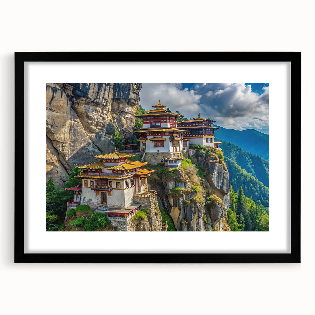 Extra large framed abstract art print featuring colorful, textured scenery of Bhutan, ideal for living room decor.