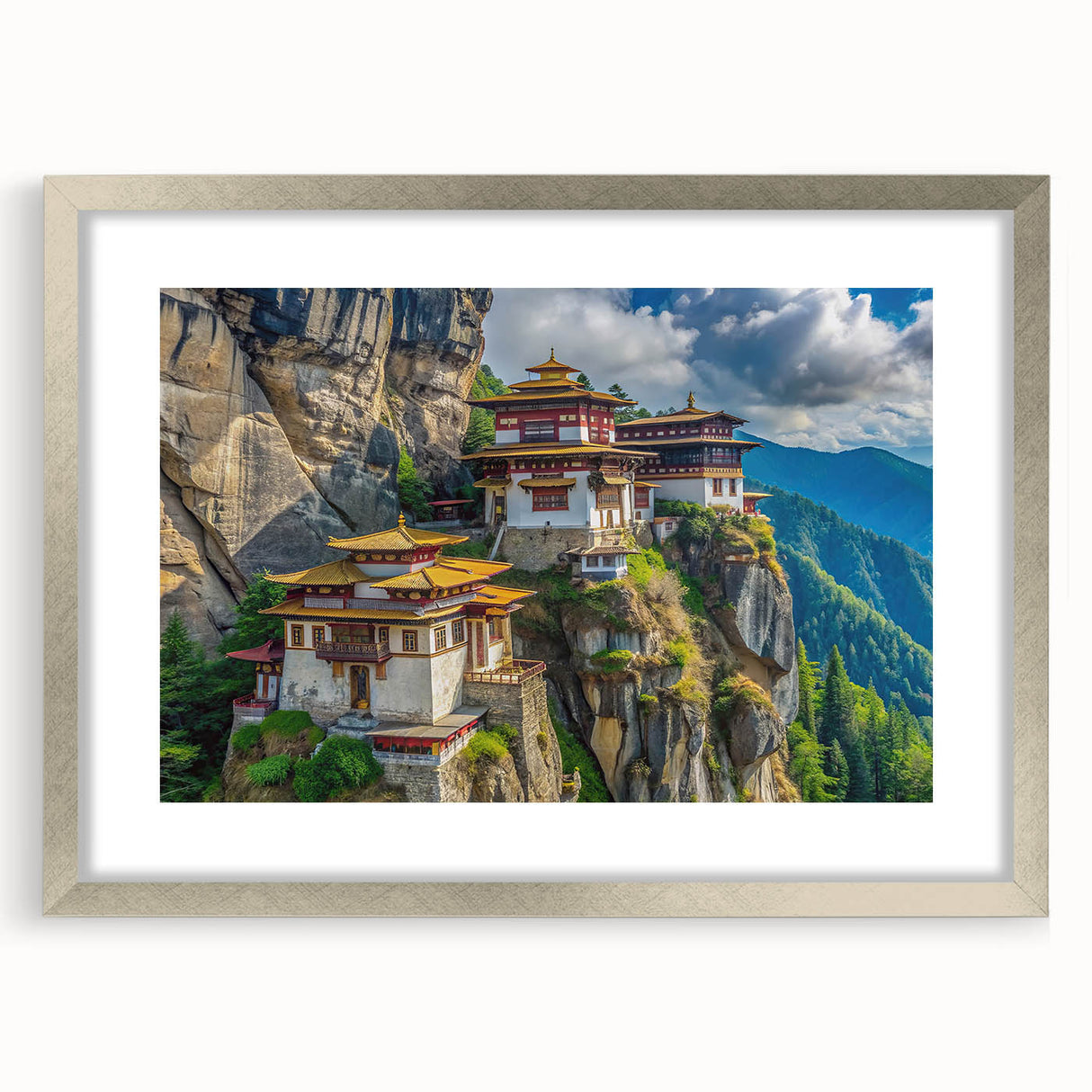 Textured art depicting an abstract Bhutanese landscape in muted earth tones, framed in silver, suitable for bedroom decor.