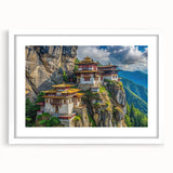 Abstract art print of Bhutan scenery in muted earth tones on a framed white mat, suitable for bedroom or dining room decor.