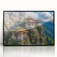 Large abstract wall art depicting an Asian Bhutan scenery in muted earth tones on a framed acrylic.