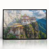 Large abstract wall art depicting an Asian Bhutan scenery in muted earth tones on a framed acrylic.