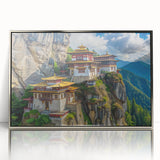 Mid-century modernist art depicting the serene Bhutanese landscape in muted earth tones, framed in silver acrylic.