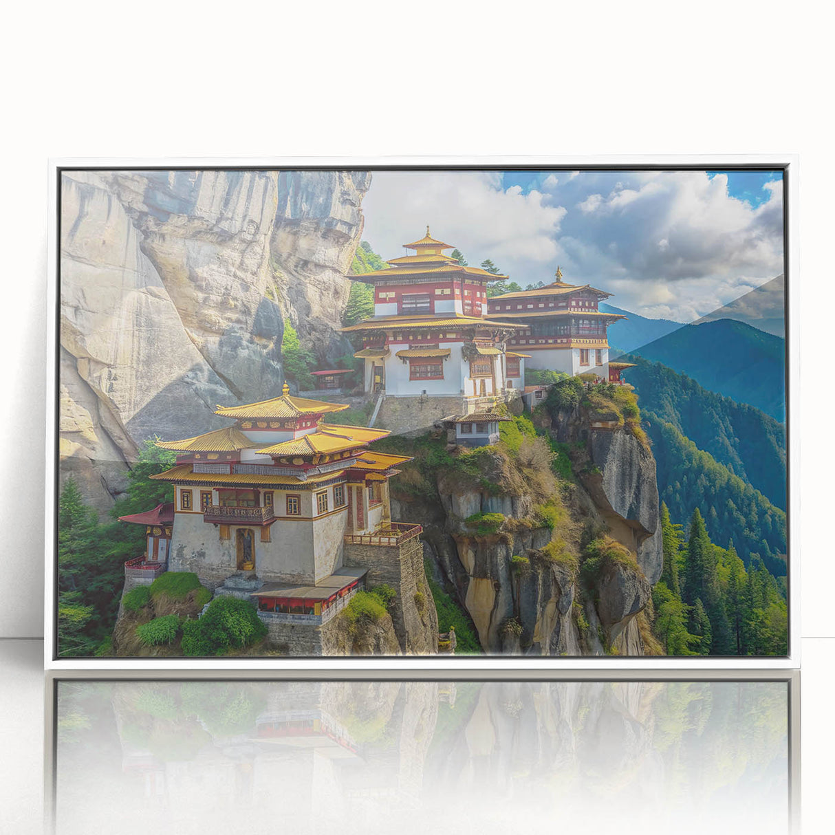 Acrylic print of a serene Bhutanese landscape in soft hues, framed in white, suitable for modern art wall decor.