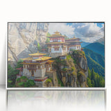Acrylic print of a serene Bhutanese landscape in soft hues, framed in white, suitable for modern art wall decor.