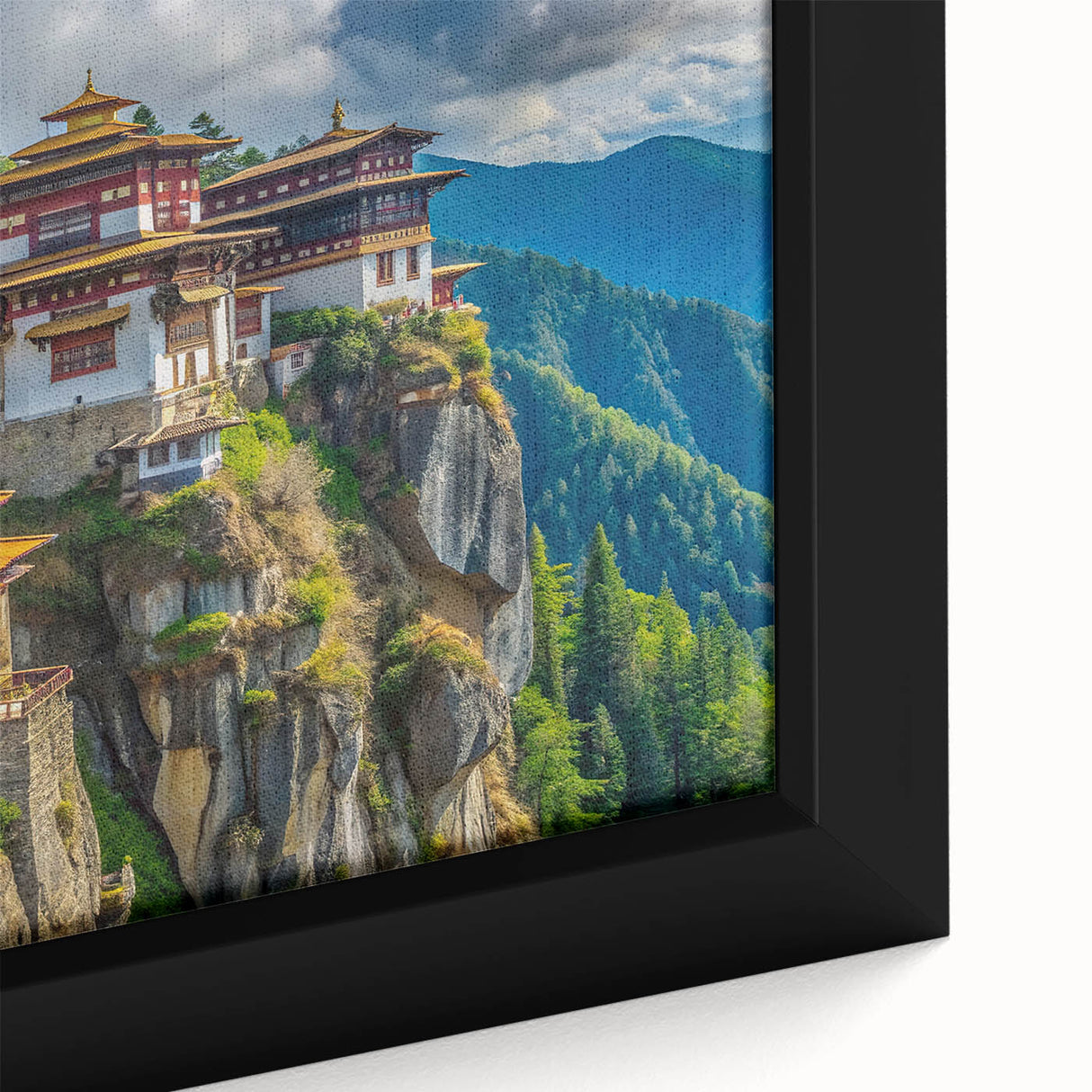 Extra large framed canvas of a textured, colorful Bhutanese landscape in muted earth tones, ideal for living room decor.