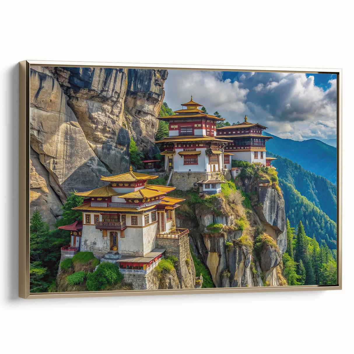 Framed canvas of a vintage-style Bhutanese landscape painting in muted gold and black tones, ideal for bedroom wall art.