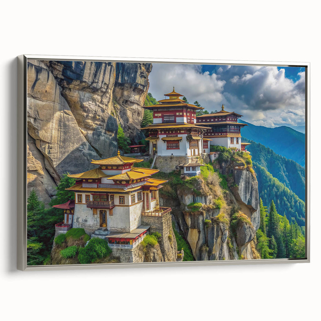 Framed canvas depicting a vintage-style landscape of Bhutan with a silver frame.