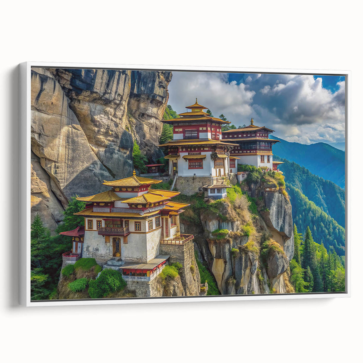 Vintage poster art of Bhutan scenery on extra large framed canvas, featuring colorful art on a black background.