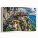 Vintage poster art of Bhutan scenery on extra large framed canvas, featuring colorful art on a black background.