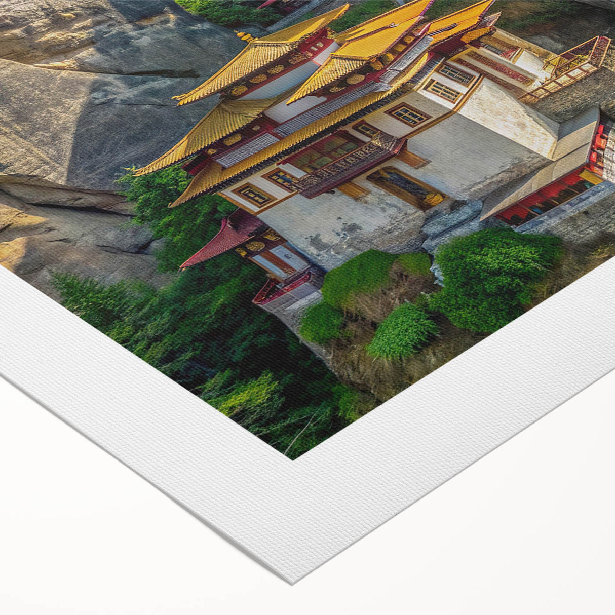 Art deco poster of Bhutan scenery in muted earth tones on rolled canvas, suitable for dining room or bathroom.