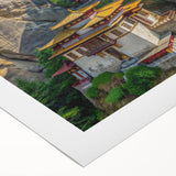 Art deco poster of Bhutan scenery in muted earth tones on rolled canvas, suitable for dining room or bathroom.
