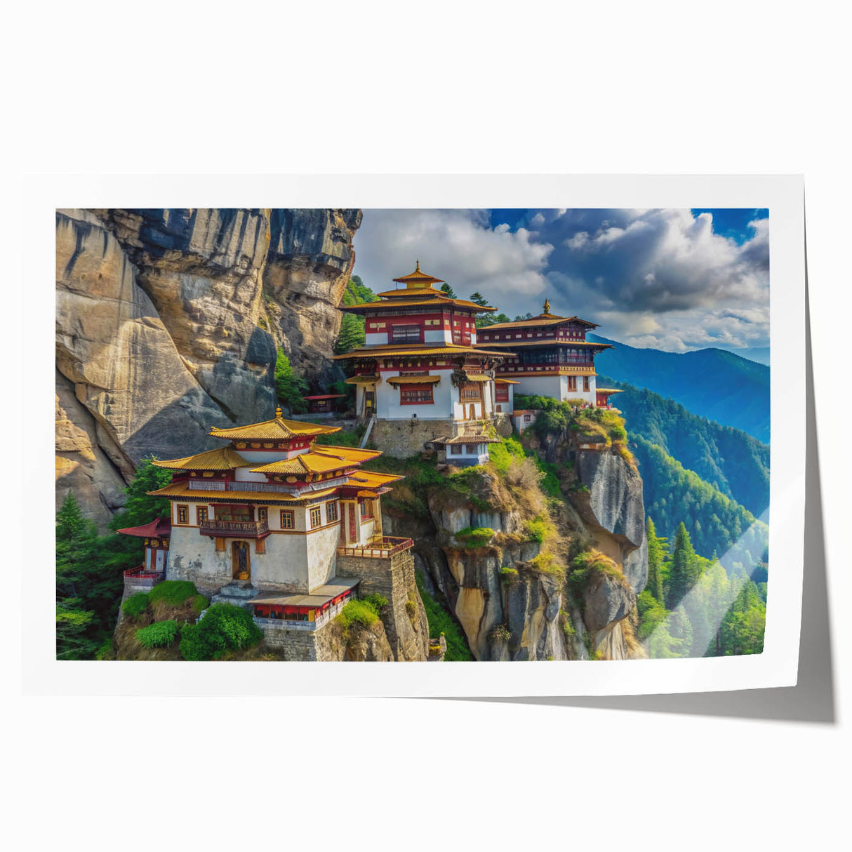 Extra large rolled print of Bhutanese landscape featuring floral elements in muted colors, ideal for art wall dining room.