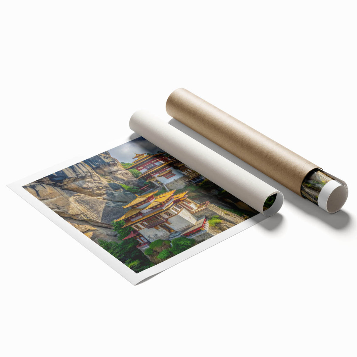 Large rolled canvas print featuring a serene Bhutanese landscape with floral elements, ideal for classy bathroom wall art.