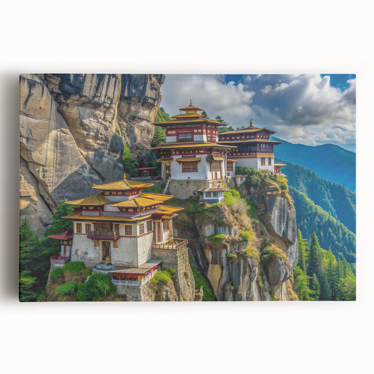 Black and white photograph of Bhutanese landscape on stretched canvas, ideal for kitchen wall art.