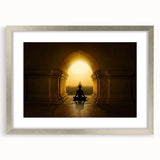 Textured abstract art print of a serene Indian landscape in muted earth tones on a framed silver mat, ideal for bedroom art.