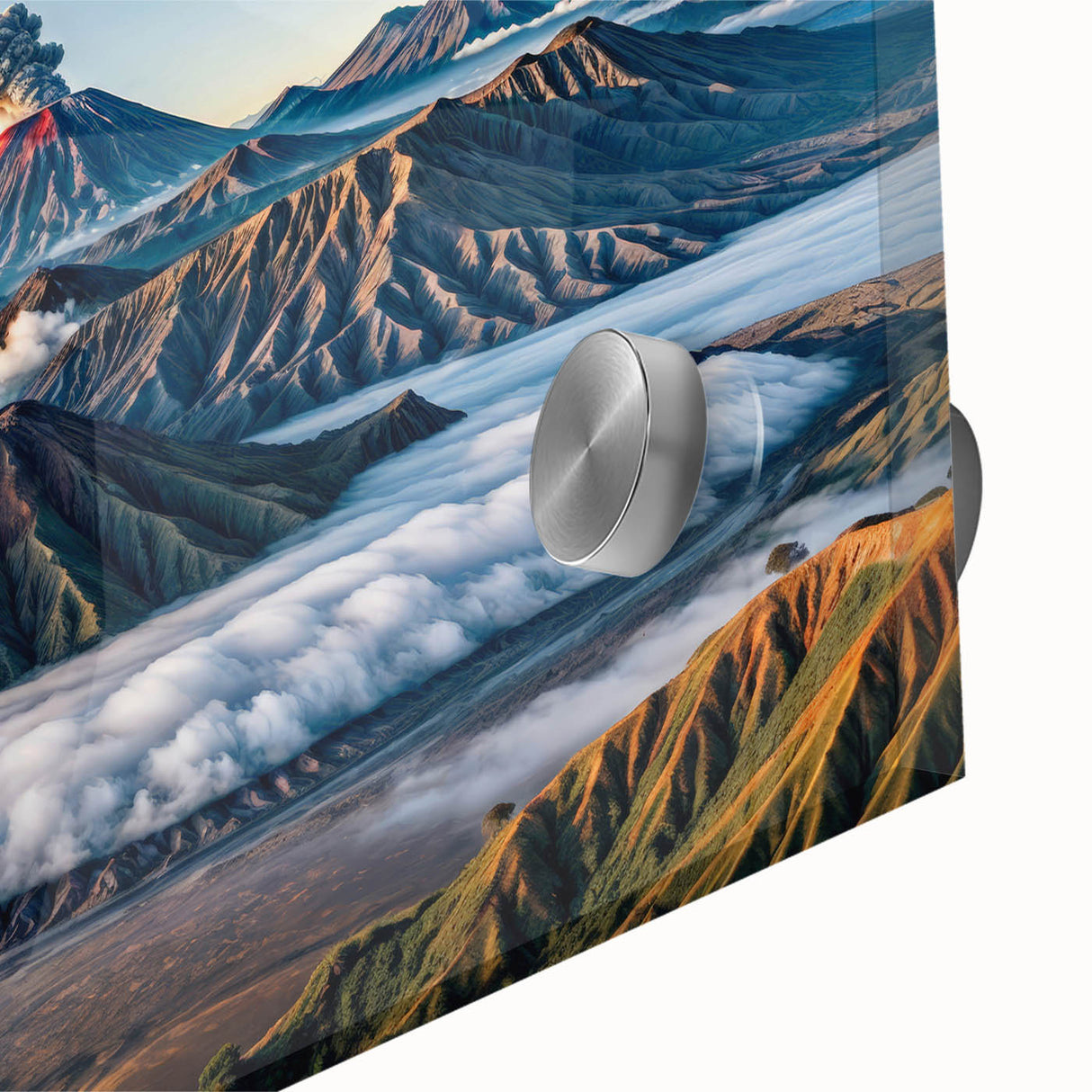 Large abstract wall art depicting a mid-century modernist Indonesian landscape on acrylic glass.