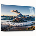 Large abstract wall art depicting an Indonesian landscape in muted earth tones on acrylic glass.