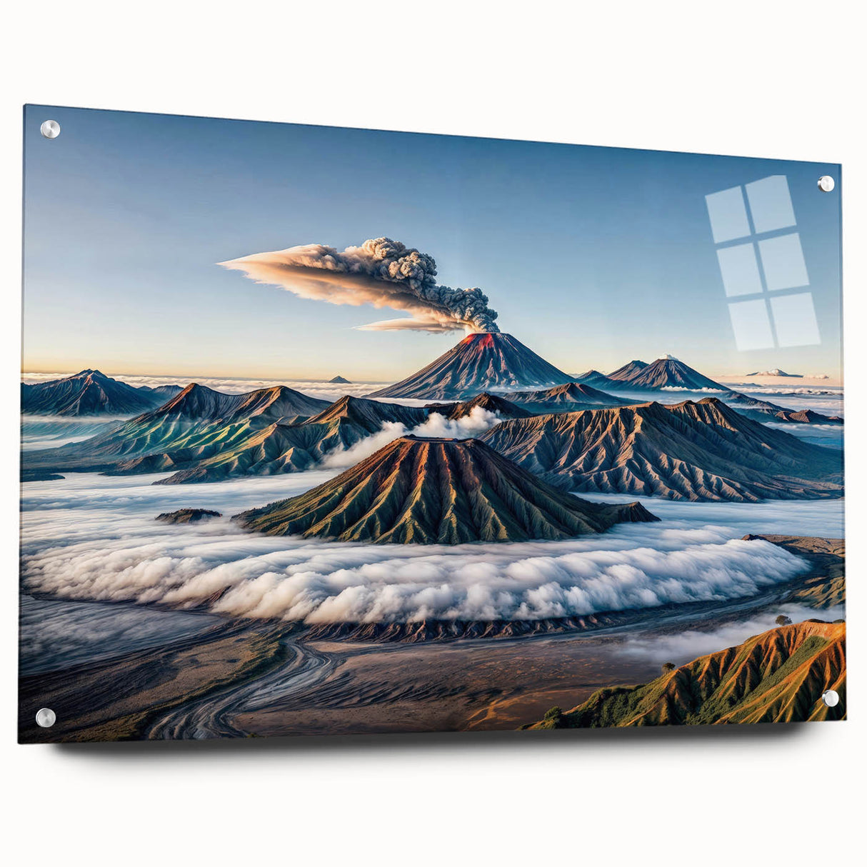 Large abstract wall art depicting an Indonesian landscape in muted earth tones on acrylic glass.