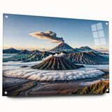Large abstract wall art depicting an Indonesian landscape in muted earth tones on acrylic glass.