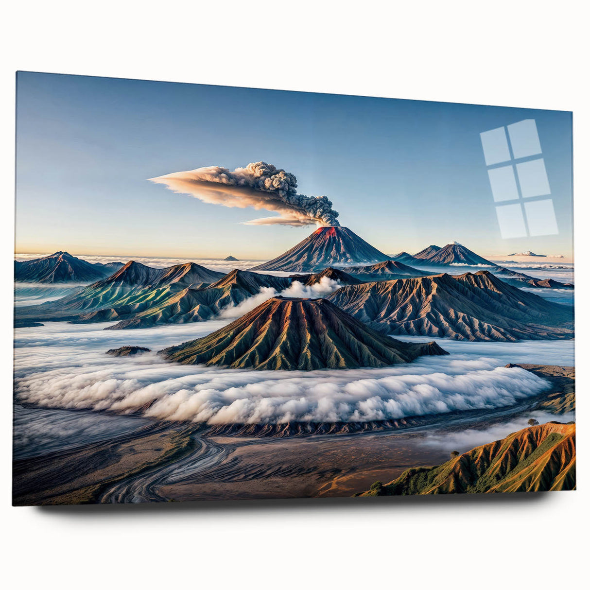 Large abstract wall art featuring a serene Indonesian landscape in muted green and blue tones, acrylic print.