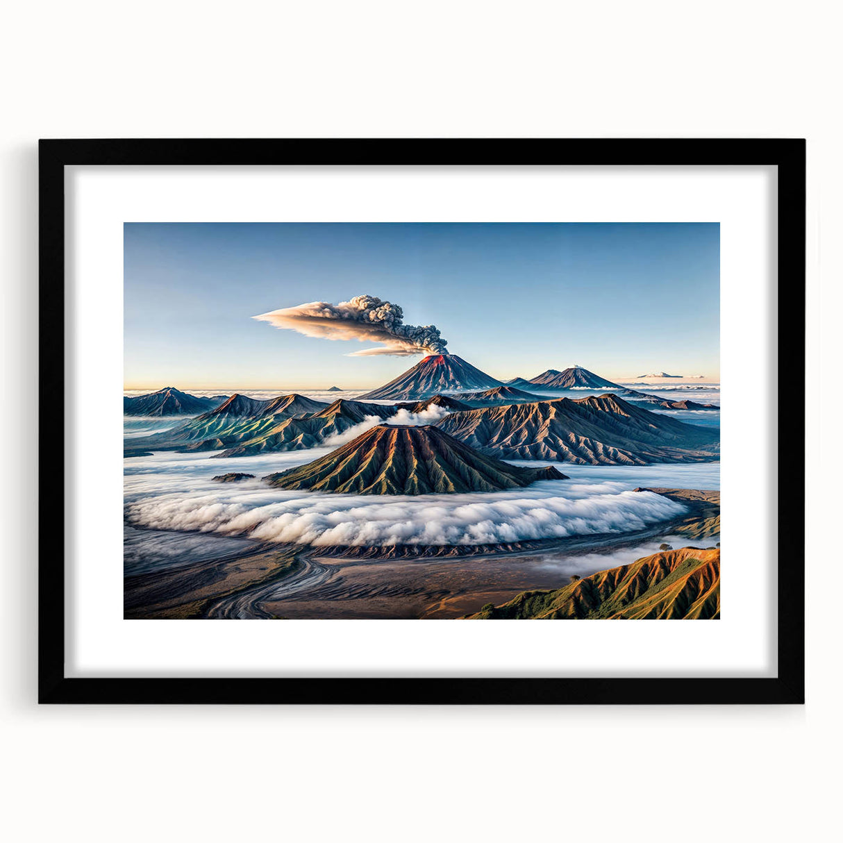 Extra large abstract art print featuring a colorful, textured Indonesian landscape on a framed black mat.